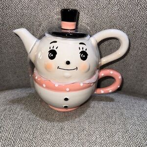 NWT Johanna Parker Snowman Teapot & Teacup Set, Pretty Pink Snowman Teapot Rare